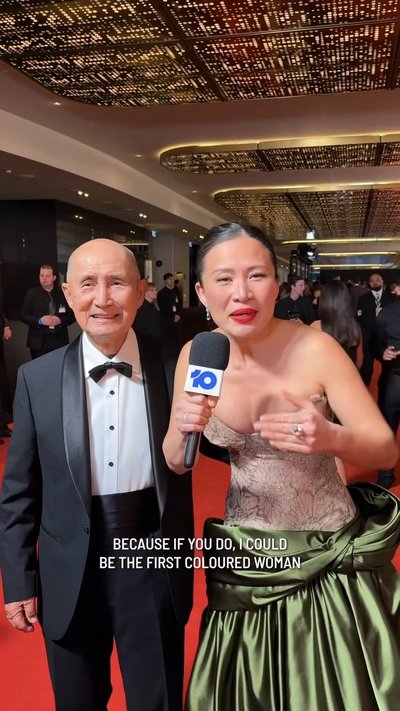 Poh Ling Yeow walks the Logies red carpet with her dad.