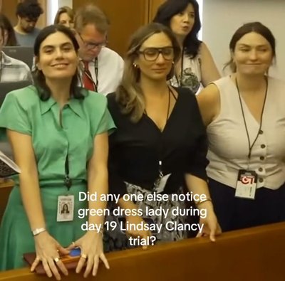 The "green dress lady" goes viral for smiling during Lindsay Clancy case.